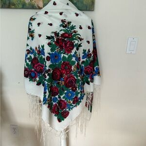 Floral Patterned Shawl with Fringe
